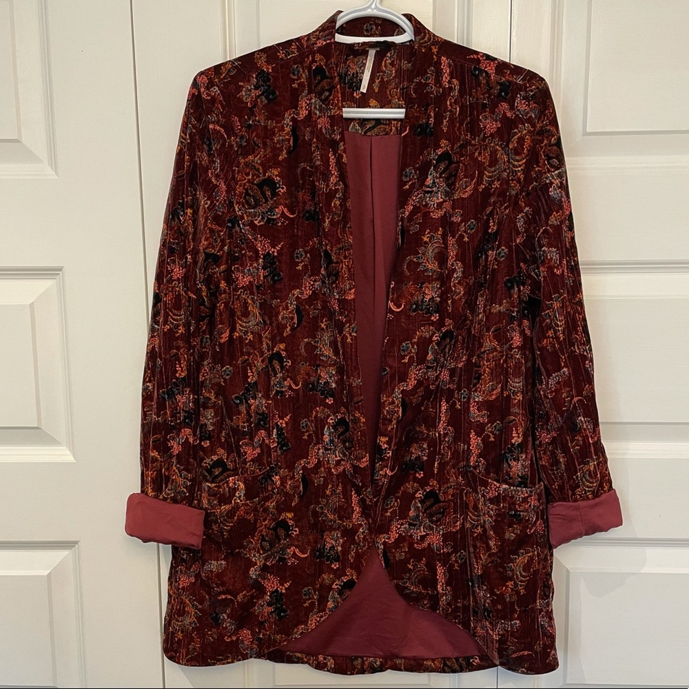 Free People Rich Red Paisley Velvet Open Front Blazer - Size Small
